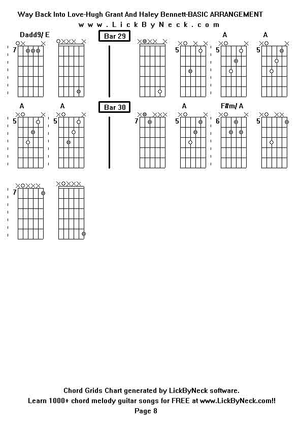 Chord Grids Chart of chord melody fingerstyle guitar song-Way Back Into Love-Hugh Grant And Haley Bennett-BASIC ARRANGEMENT,generated by LickByNeck software.